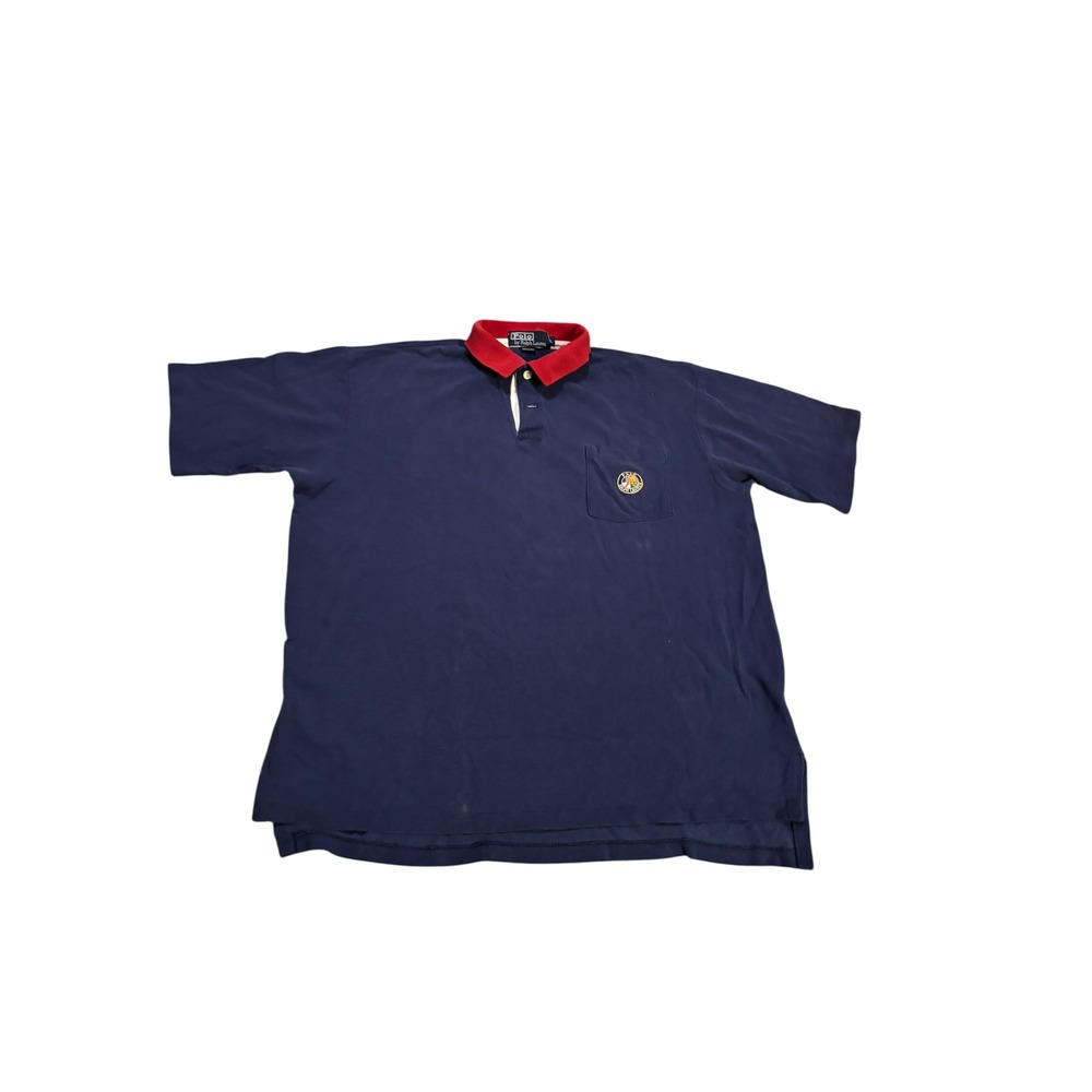 Polo Ralph Lauren Mens Large Navy Blue Red Collar Crest Pocket Polo Shirt USA
